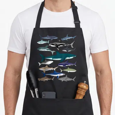 Tablier de cuisine noir avec une illustration regroupant divers requins de couleurs et de tailles variées sur le devant.