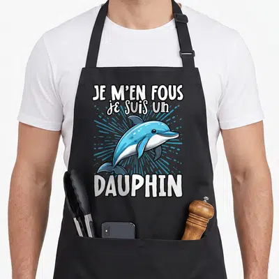 Tablier de cuisine noir avec un dauphin bleu sautant et le texte Je m'en fous je suis un dauphin en lettres blanches.
