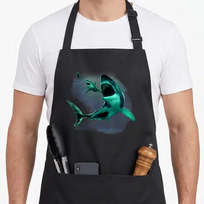 Tablier de cuisine noir avec illustration d'un grand requin blanc, d'un mégalodon et d'un plongeur sous-marin.