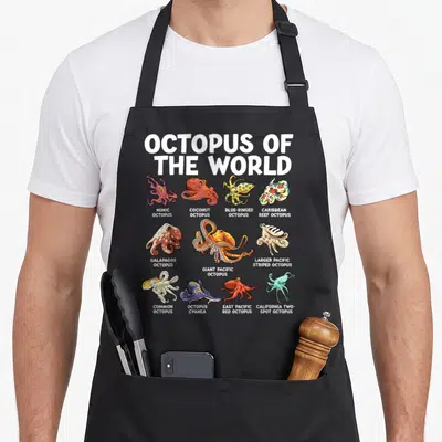 Tablier de cuisine noir avec une illustration colorée de dix espèces d'octopodes et leur nom en anglais.