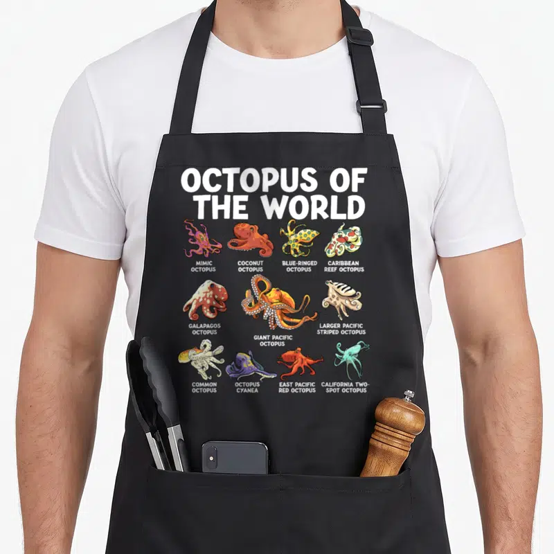 Tablier de cuisine noir avec une illustration colorée de dix espèces d'octopodes et leur nom en anglais.