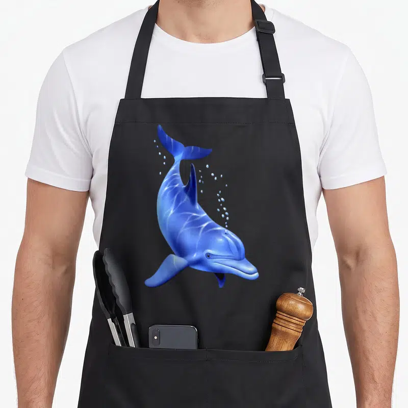 Tablier de cuisine noir avec un dauphin bleu sautant et des bulles d'eau imprimés au centre.