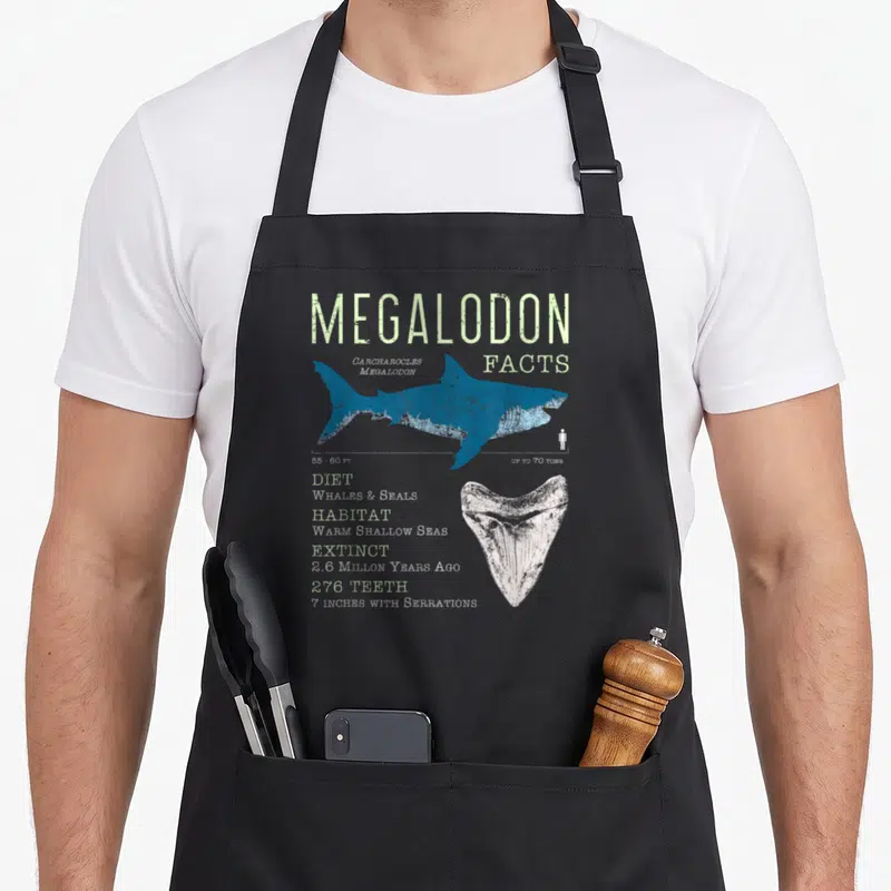 Tablier de cuisine noir avec illustration vintage d'un Megalodon et sa dent en infographie scientifique.