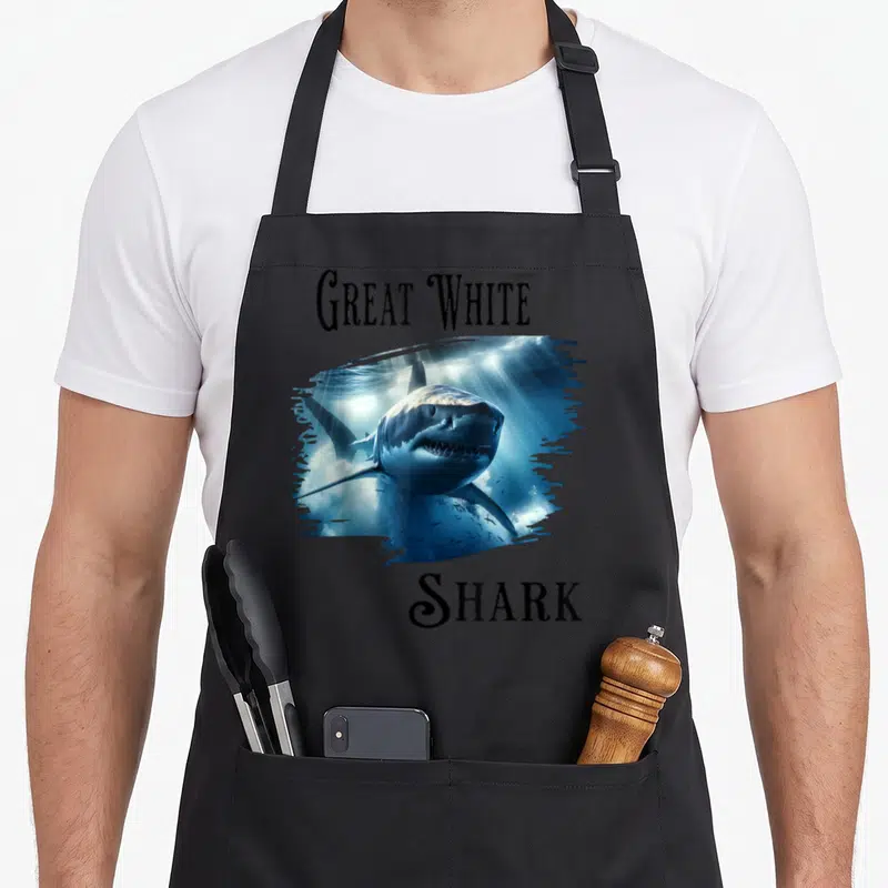 Tablier de cuisine noir avec un grand requin blanc et le texte « Grand Requin Blanc » en lettres noires stylisées.
