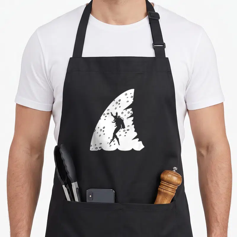 Tablier de cuisine noir avec illustration blanche d'un aileron de requin et d'un plongeur en silhouette.