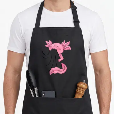 Tablier de cuisine noir avec un mignon axolotl rose en train de manger une forme sombre.