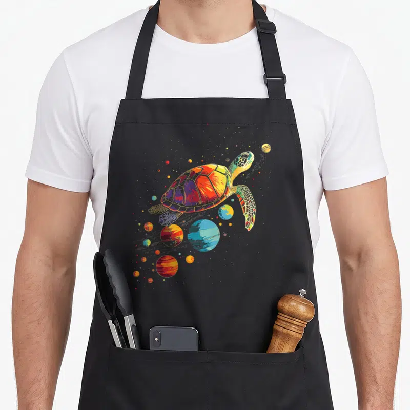 Tablier de cuisine noir avec une tortue spatiale colorée entourée de planètes artistiques et d'étoiles scintillantes.