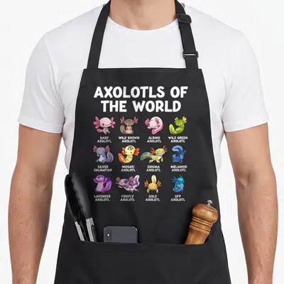Tablier de cuisine noir avec douze axolotls kawaii colorés et leurs noms en anglais comme Baby Axolotl ou Gold Axolotl.