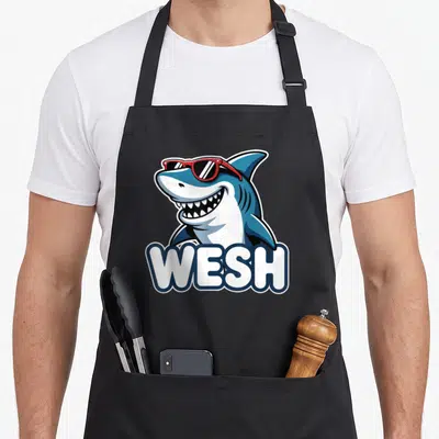 Tablier de cuisine noir avec un requin cartoon aux lunettes rouges et l'inscription WESH en grosses lettres blanches.