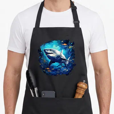 Tablier de cuisine noir avec illustration circulaire d'un grand requin blanc et de poissons colorés sur fond bleu aquatique.