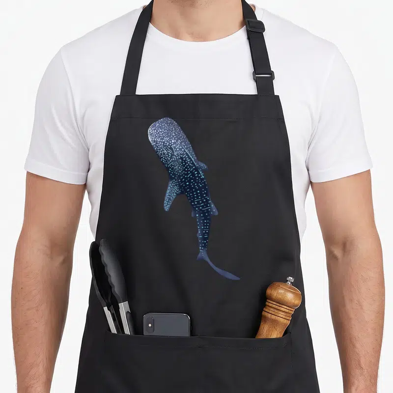 Tablier de cuisine noir avec illustration d'un requin baleine bleu orné de points blancs et de lignes claires sur le dos.
