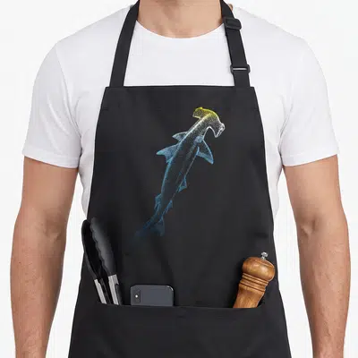 Tablier de cuisine noir avec illustration pointilliste d'un requin-marteau aux teintes bleues et jaunes distinctives.