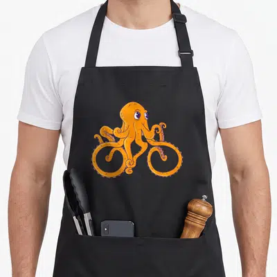 Tablier de cuisine noir avec illustration d'une pieuvre orange roulant sur un vélo imaginé par ses tentacules.