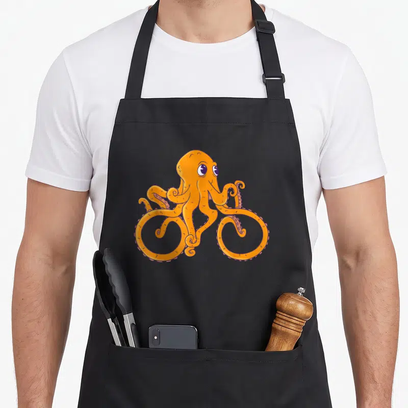 Tablier de cuisine noir avec illustration d'une pieuvre orange roulant sur un vélo imaginé par ses tentacules.