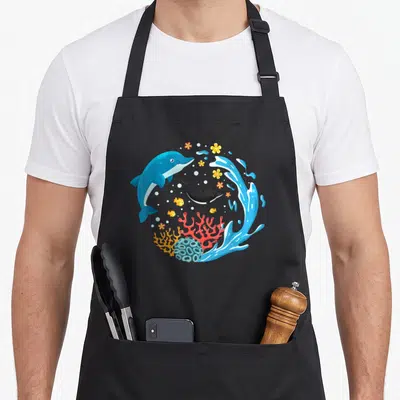 Tablier de cuisine noir avec illustration colorée d'un dauphin bleu, d'un dauphin noir, de poissons jaunes et de coraux sous une vague.