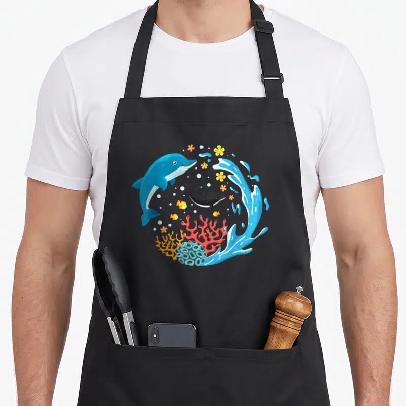 Tablier de cuisine noir avec illustration colorée d'un dauphin bleu, d'un dauphin noir, de poissons jaunes et de coraux sous une vague.