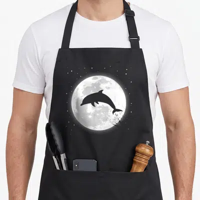 Tablier de cuisine noir avec silhouette dauphin sautant devant une grande lune pleine et des étoiles dispersées sur fond sombre.