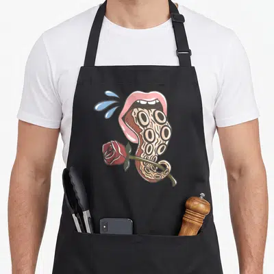 Tablier de cuisine noir avec une illustration de bouche de pieuvre et une rose rouge en style graphique.
