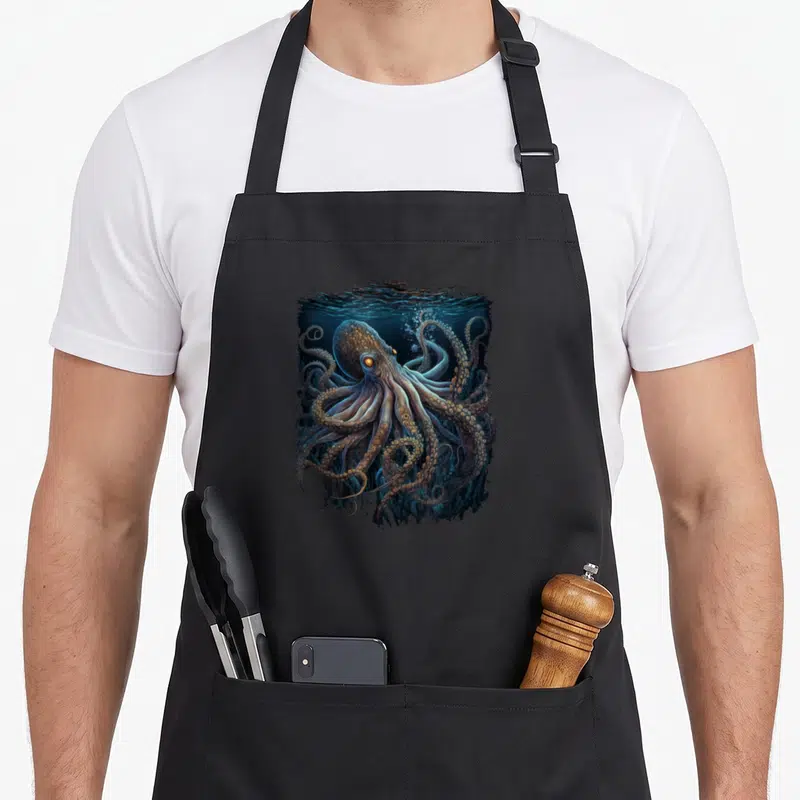 Tablier de cuisine noir avec une illustration d'octopus kraken aux tentacules détaillés dans un fond bleu profond.