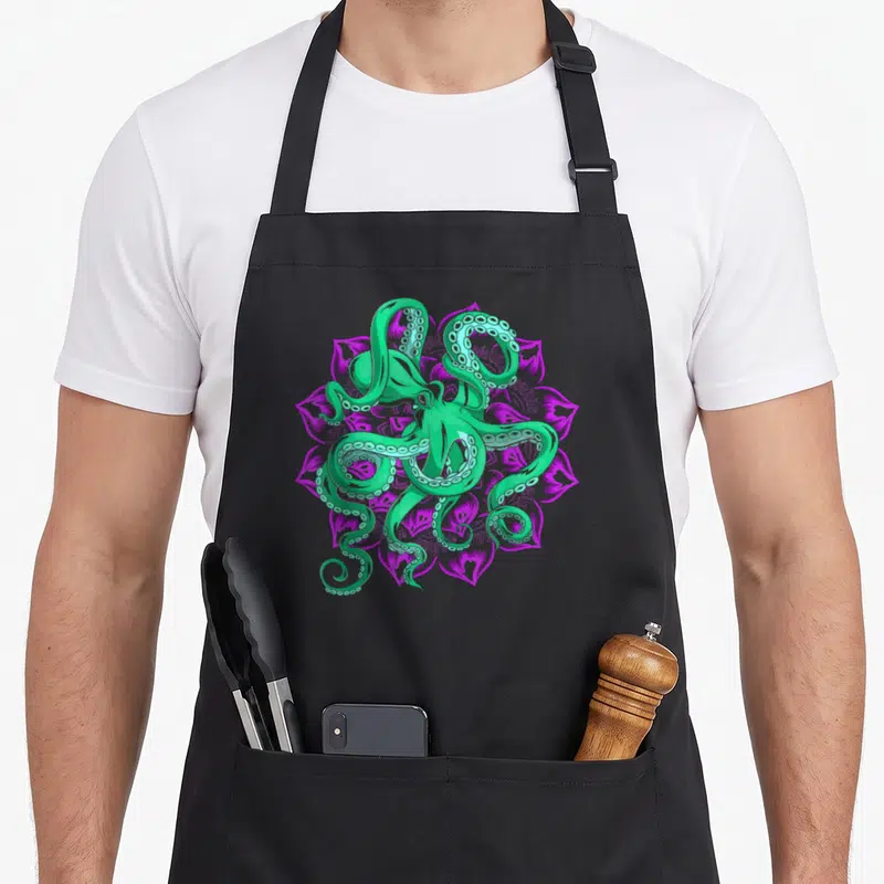 Tablier de cuisine noir avec un poulpe vert aux tentacules sur un motif floral violet