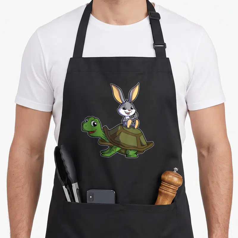 Tablier de cuisine noir avec illustration d'un lièvre gris assis sur une tortue verte en style bande dessinée colorée.