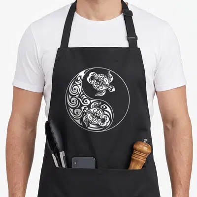 Tablier de cuisine noir avec illustration blanche Yin Yang Tortue Qigong Tai Chi en style tribal.