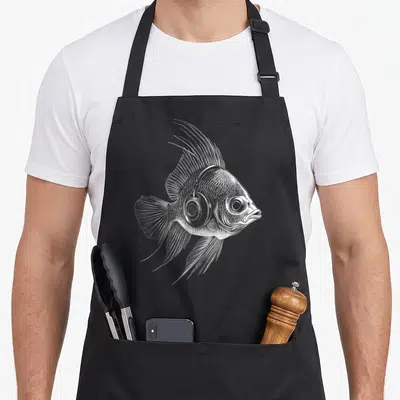 Tablier de cuisine noir avec illustration détaillée d'un poisson d'ange portant un casque audio sur la tête.