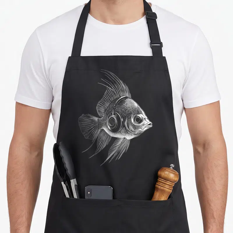 Tablier de cuisine noir avec illustration détaillée d'un poisson d'ange portant un casque audio sur la tête.
