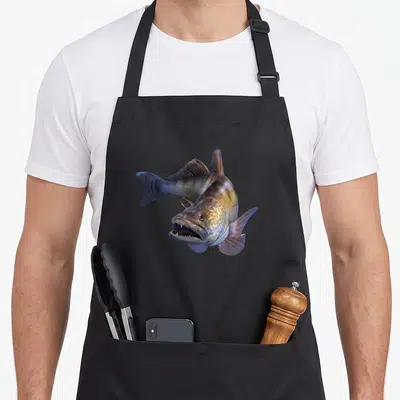 Tablier de cuisine noir avec une illustration détaillée d'un poisson sandre aux dents visibles et écailles métalliques.