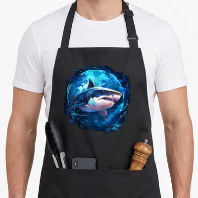 Tablier de cuisine noir avec illustration d'un grand requin bleu aux dents acérées dans un fond aquatique.