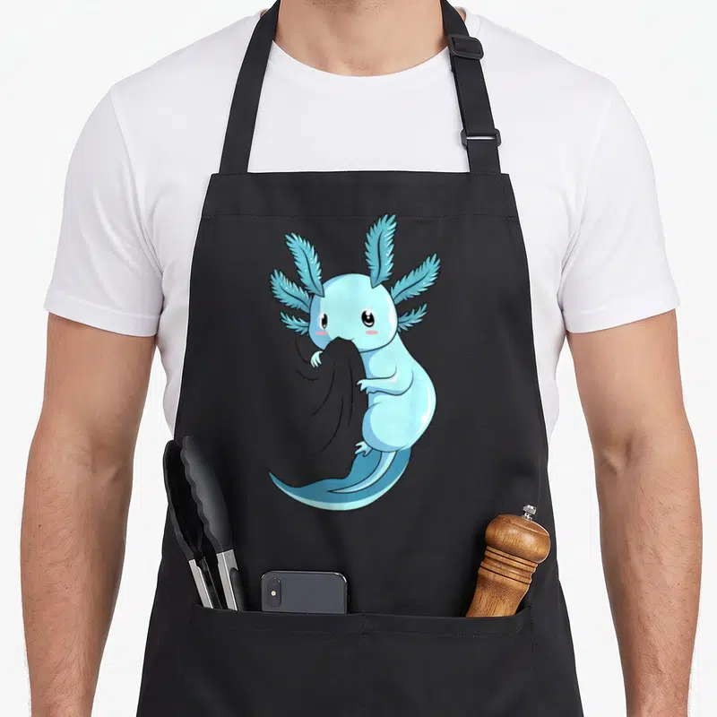 Tablier de cuisine noir avec illustration d'un axolotl bleu tenant un morceau de tissu gris.