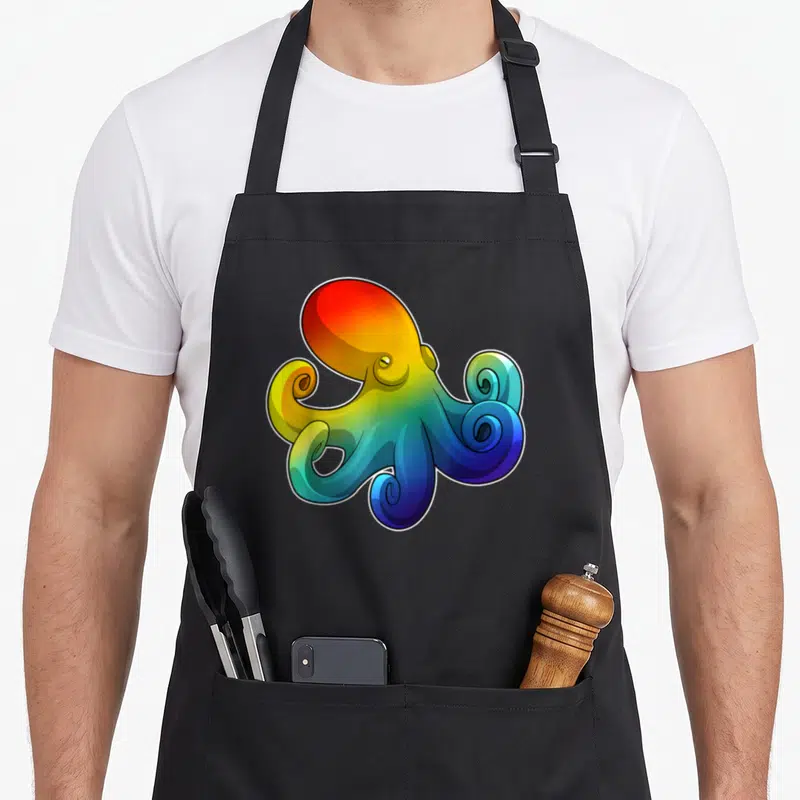 Tablier de cuisine noir avec un poulpe arc-en-ciel aux tentacules tourbillonnants et des couleurs vives.