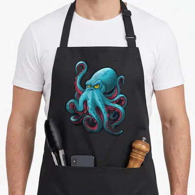 Tablier de cuisine noir avec illustration colorée d'un poulpe monstre aux tentacules bleus et roses aux yeux jaunes expressifs.