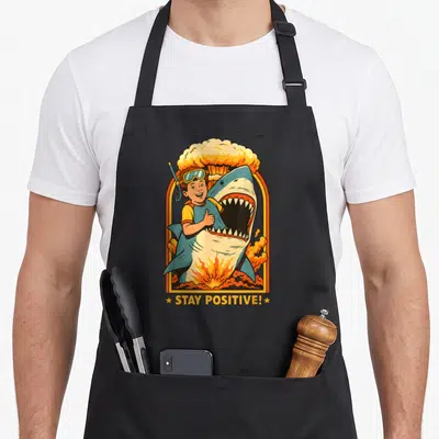 Tablier de cuisine noir avec illustration d'un requin et d'un enfant plongeur sous une explosion nuageuse, texte Stay Positive en bas.
