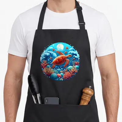 Tablier de cuisine noir avec une tortue orange nageant parmi des coraux rouges et des vagues bleues circulaires.