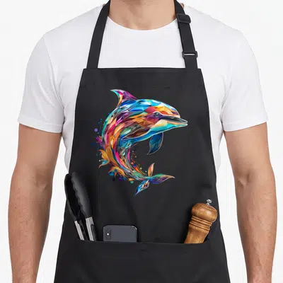 Tablier de cuisine noir avec un dauphin stylisé en polygones multicolores et des éclaboussures artistiques.