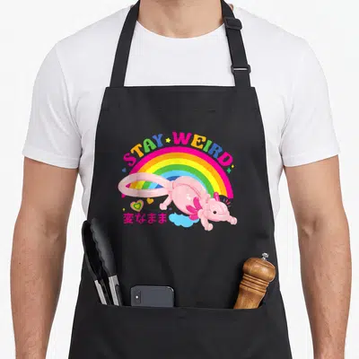 Tablier de cuisine noir avec un axolotl ballon rose, un arc-en-ciel et le texte Stay Weird multicolore.