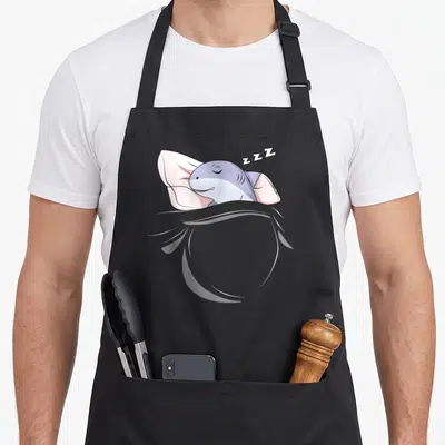 Tablier de cuisine noir avec un requin endormi sur un oreiller rose et des ZZZ au-dessus.