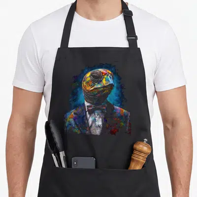Tablier de cuisine noir avec une tortue anthropomorphée en costume et nœud papillon aux couleurs vives.