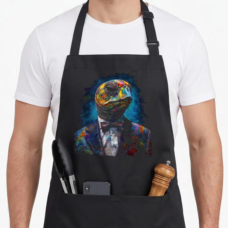 Tablier de cuisine noir avec une tortue anthropomorphée en costume et nœud papillon aux couleurs vives.