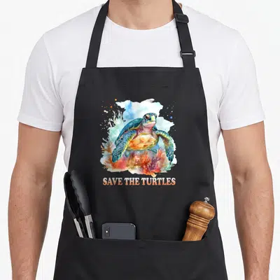 Tablier de cuisine noir avec une tortue de mer aquatique et l'inscription Save the Turtles en bas.