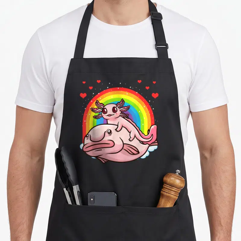 Tablier de cuisine noir avec illustration d'un axolotl rose et d'un blobfish sous un arc-en-ciel coloré entouré de petits cœurs rouges.