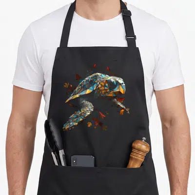 Tablier de cuisine noir avec une tortue stylisée en polygones bleus et oranges entourée de feuilles rouges et jaunes.