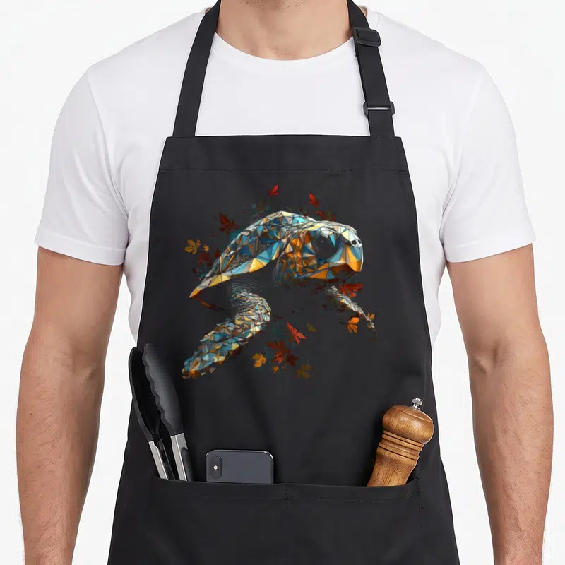 Tablier de cuisine noir avec une tortue stylisée en polygones bleus et oranges entourée de feuilles rouges et jaunes.