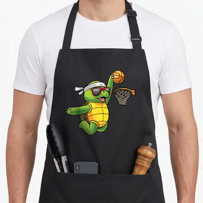 Tablier de cuisine noir avec une tortue verte sautant vers un panier de basket avec un ballon orange.