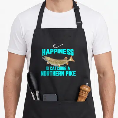 Tablier de cuisine noir avec illustration de brochet blanc et texte Happiness is catching a northern pike en bleu cyan