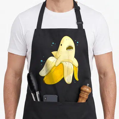Tablier de cuisine noir avec un requin banane jaune moutarde aux dents visibles et des bulles bleues flottantes.