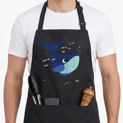 Tablier de cuisine noir avec illustration d'enfant baleine bleue mignonne et petits poissons colorés nageant autour.