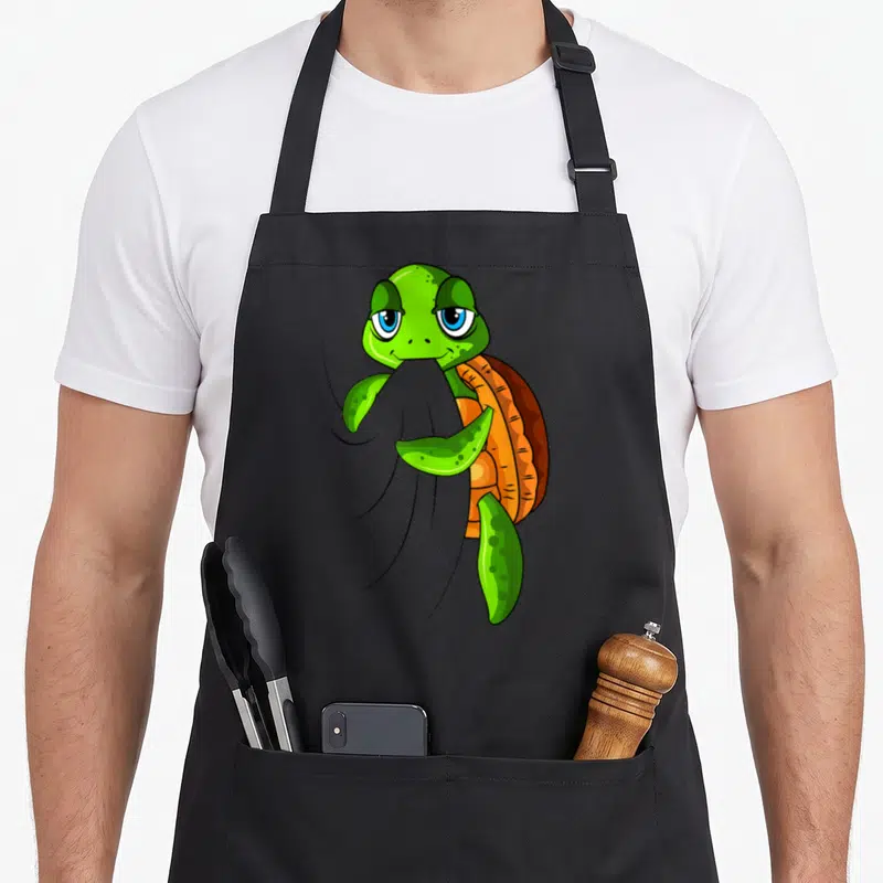 Tablier de cuisine noir avec une tortue verte cartoon aux yeux bleus tenant une serviette grise dans ses nageoires.