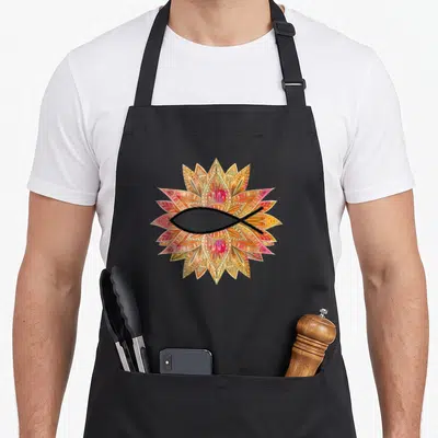Tablier de cuisine noir avec un poisson Ichthys noir entouré d'une mandala florale colorée orange et rose.